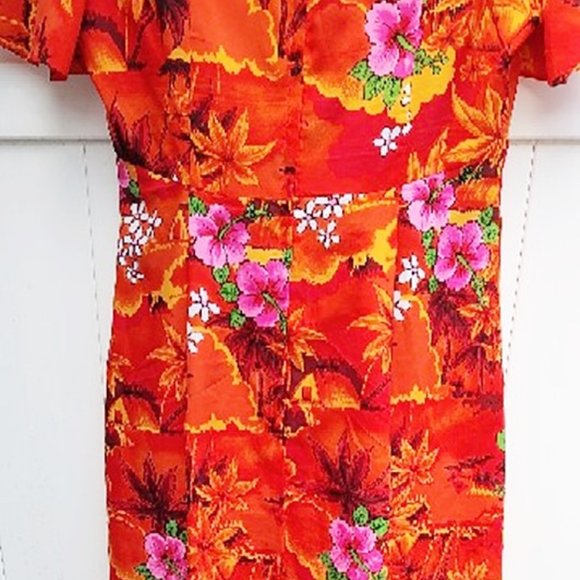 Bright Orange Tropical 1970s Vintage Hawaiian Floral Print Dress Flutter Sleeves - Picture 4 of 7